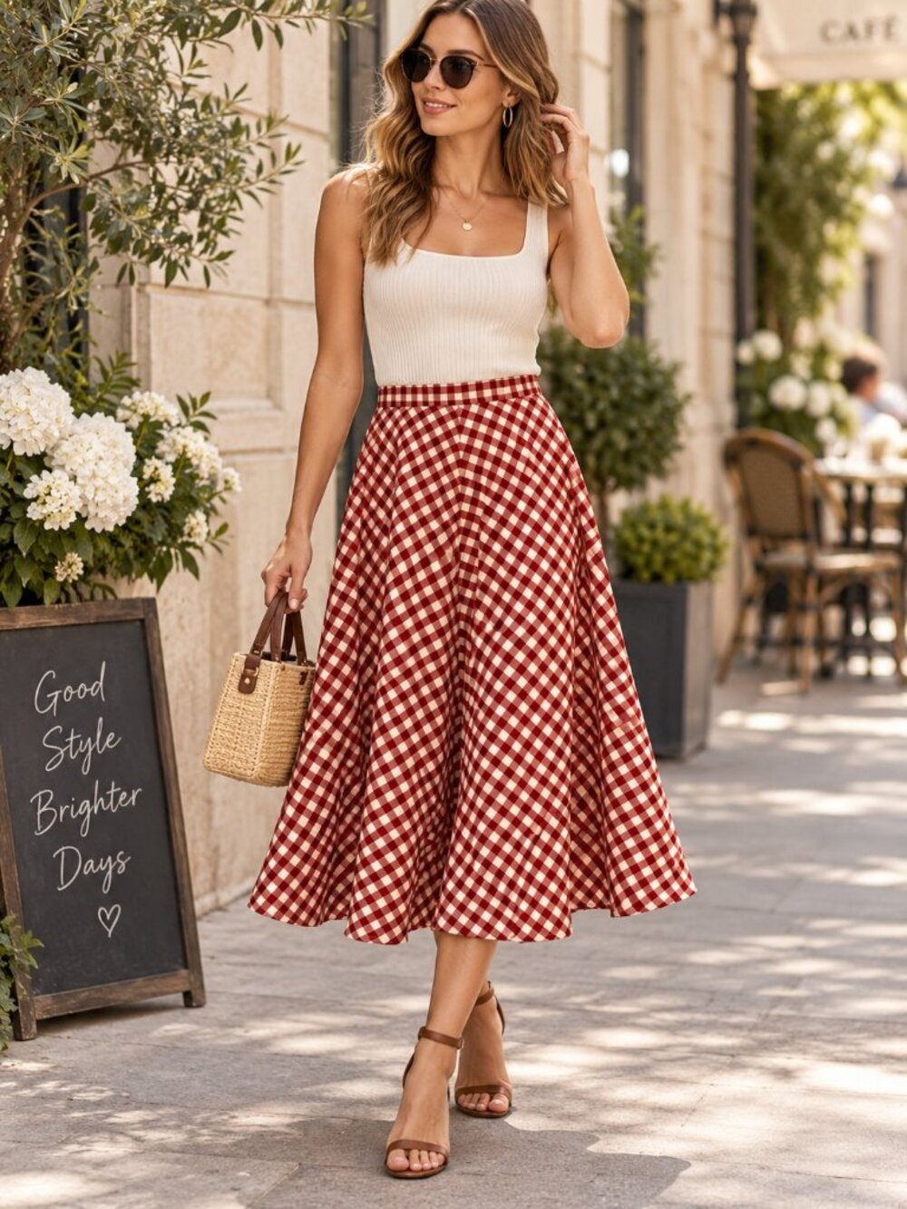 NWT Red & Cream Gingham Midi Skirt Size L | Pockets